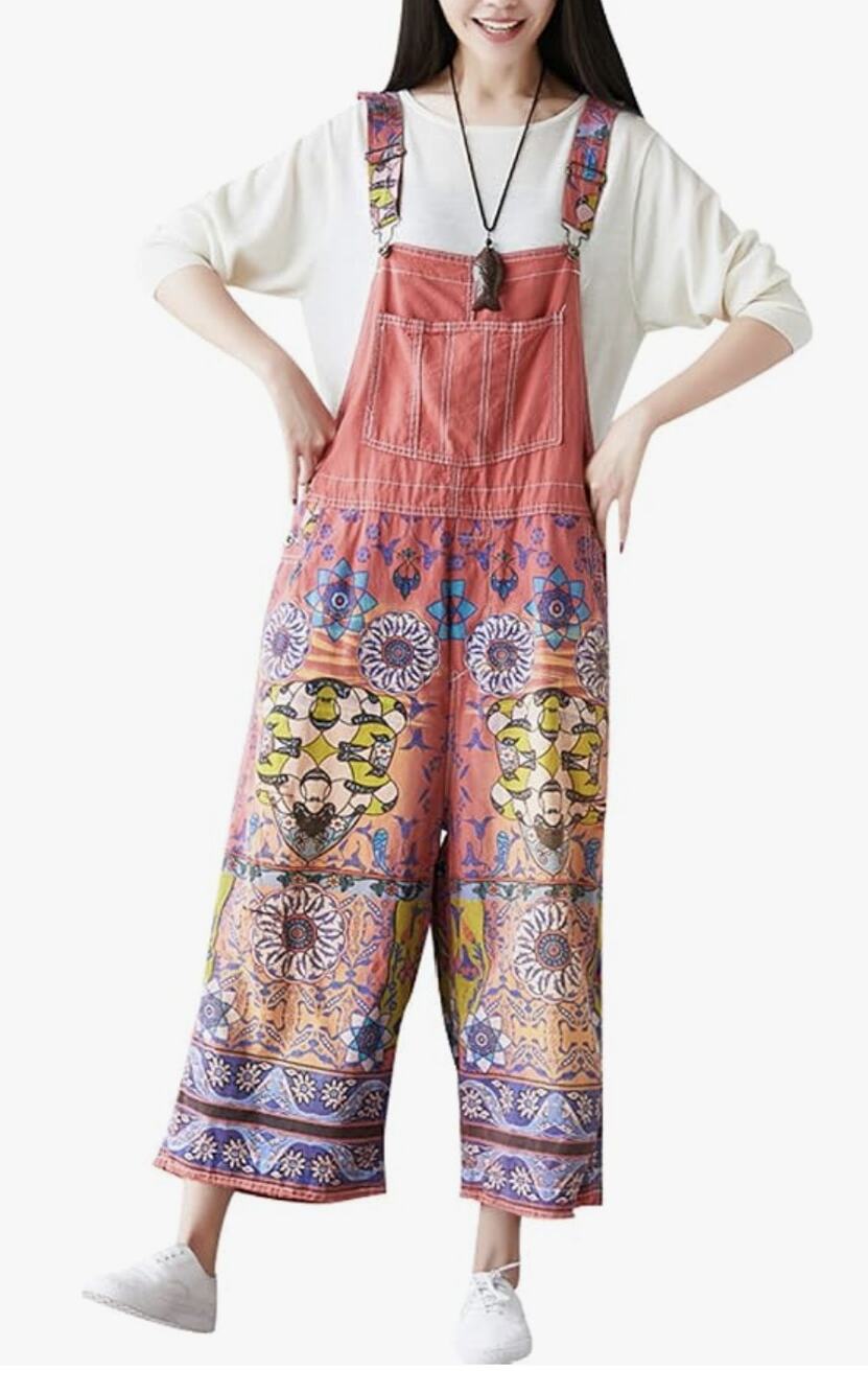 Monthorigin Boho Patchwork Wide Leg Cropped Bib Overalls Floral Print S-M
